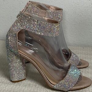 Gianni Bini Womens 7M Iridescent Rhinestone Block Heel Ankle Strap Sandals Pink